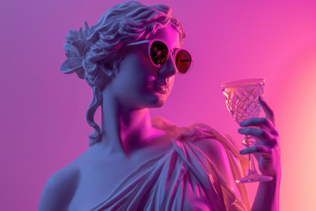 Statue of Aphrodite with a martini glass on a neon background.の素材