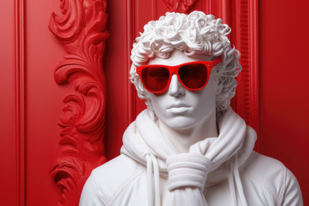 White mannequin in red sunglasses and white coat on red backgroundの素材