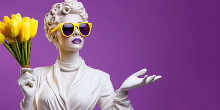 Statue of a woman with yellow tulips on a purple background.の素材