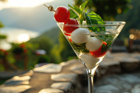 Caprese Martini cocktail with mozzarella and cherry tomatoes against an Italian backdrop.の素材