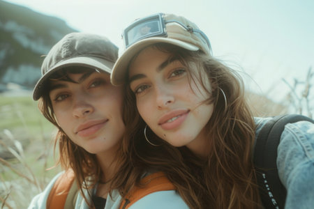 Two young women with backpacks looking at camera on top of mountainの素材