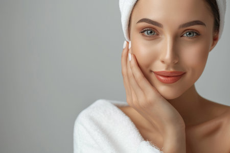 Portrait of beautiful young woman with clean fresh skin, on gray backgroundの素材