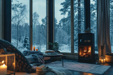 Cozy winter evening in a country house by the window overlooking the forest. Scandinavian style.の素材