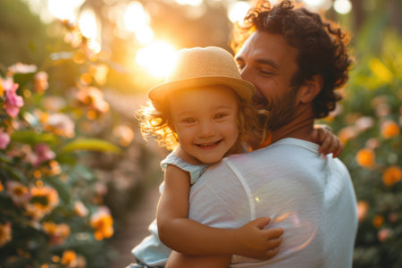 Happy father and daughter cuddle in the garden at sunset. Father's Day.の素材