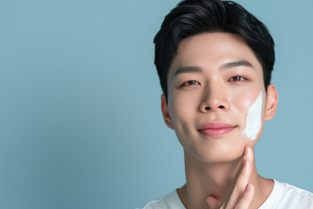 Forty-year-old Asian man applying moisturizer to his face, isolated on a blue background.の素材
