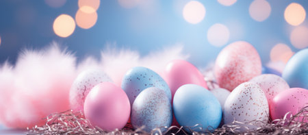 Colorful easter eggs in nest on blue bokeh backgroundの素材