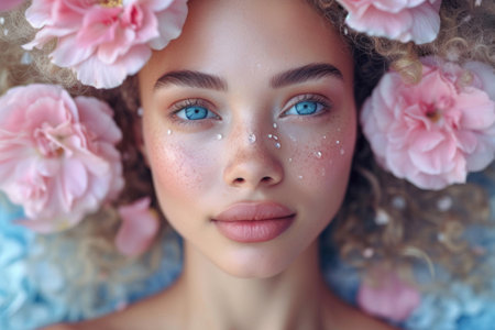 Close-up portrait of a beautiful girl with pink flowers in her hairの素材