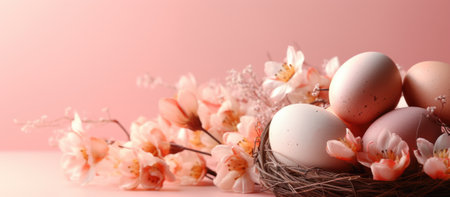 Easter eggs in a nest with flowers on a pink background.の素材