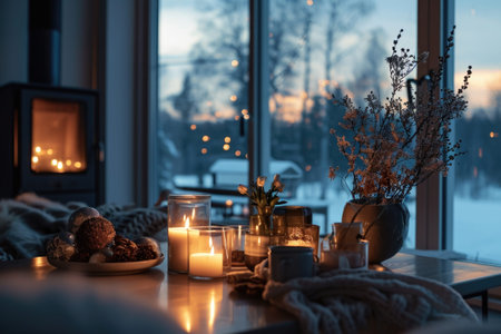 Cozy winter home interior with burning candles, cozy knitted plaid.の素材
