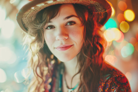 Portrait of a beautiful young woman in a hat on a background of lightsの素材