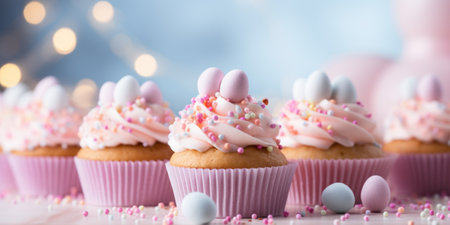 Delicious cupcakes with Easter eggs on light background, closeupの素材