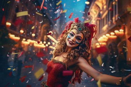 Beautiful girl in carnival costume with flying confetti in the cityの素材