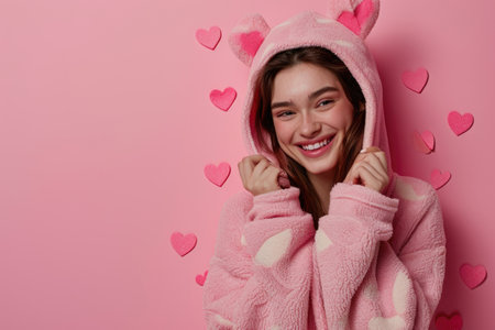 Beautiful young woman in pink pajamas with hearts on pink backgroundの素材