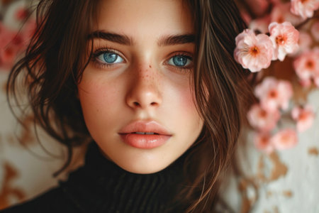 Portrait of a beautiful young woman with blue eyes and pink flowers in her hairの素材