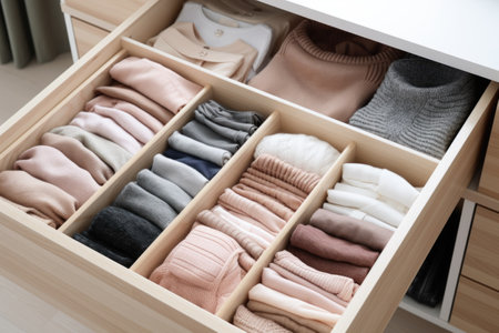 Open dresser drawer with clothes neatly laid out. The concept of smart storage.の素材