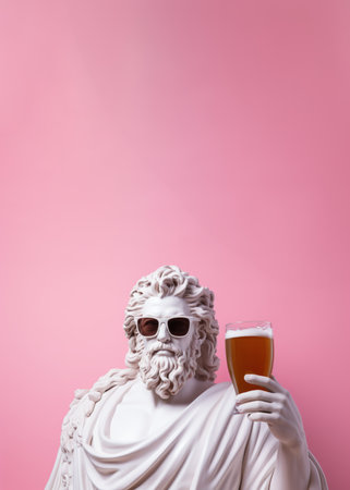 Statue of the Greek philosopher with a glass of beer on a pink backgroundの素材