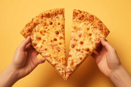 Female hands holding tasty pizza on color background, closeup. Space for textの素材