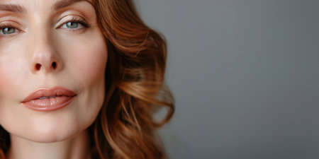 Close-up portrait of a beautiful forty year old woman with red hair. Pretty girl looking at the camera.の素材