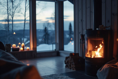Evening cottage fireplace with winter landscape as a backdrop. Scandinavian style.の素材