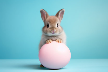 Cute Easter bunny with a pink egg on a blue background.の素材
