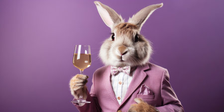 Easter bunny with a glass of white wine on a purple backgroundの素材