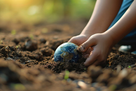 Little boy hand holding earth globe in the soil. Earth day concept.の素材