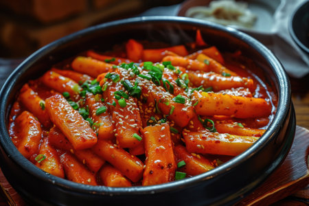 Korean dish Tteokbokki on the table in close-up.の素材