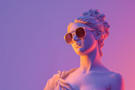Statue of Aphrodite with sunglasses on a purple background.の素材