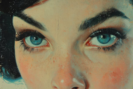 Close-up portrait of a beautiful young woman with blue eyes and black hair in art deco style.の素材