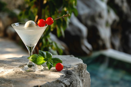Cocktail Martini Caprese with mozzarella cheese and cherry tomatoes on a skewer with nature as a backdrop.の素材