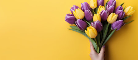 Image of woman's hand with tulips on yellow background, banner.の素材