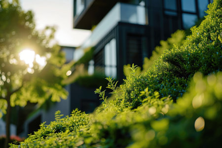 Green leaves in the garden with modern house in the background at sunset.の素材