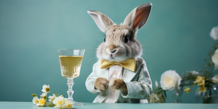 Easter bunny with a glass of white wine on a blue pastel background. Creative Easter concept.の素材