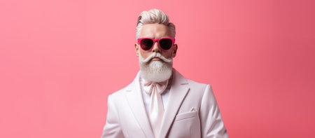 Portrait of stylish senior man with white beard and sunglasses isolated on pink backgroundの素材