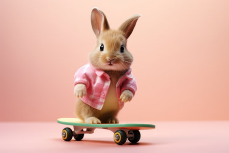 Rabbit with skateboard on pink background. Easter holiday concept.の素材