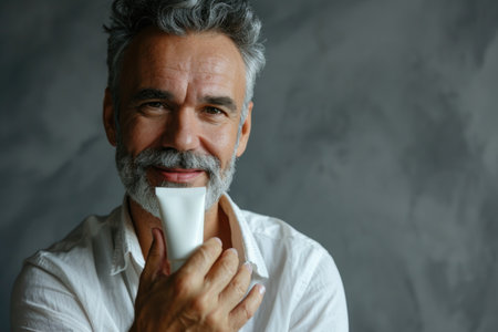 Mature Spanish man with gray beard and mustache holding a white tube of cream.の素材