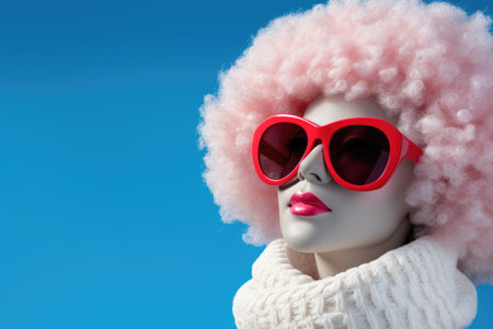 Fashion female mannequin with pink wig and sunglasses on blue backgroundの素材