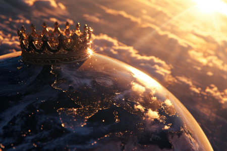 Earth planet with a crown in the rays of the rising sun. Earth Day Concept.の素材