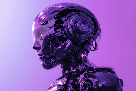 Portrait of an anthropomorphic robot with purple light on purple background. Glitch art. tsの素材