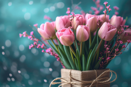 Bouquet of pink tulips on a bokeh backgroundの素材