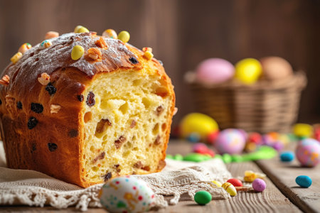 Easter cake with raisins and eggs on a wooden backgroundの素材