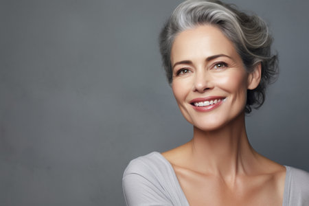Portrait of beautiful smiling middle aged woman with gray hair and white teethの素材