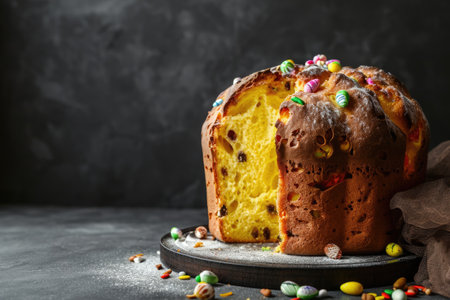 Traditional italian Easter cake panettone with raisins and colorful candies on dark backgroundの素材