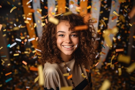 Image of a beautiful happy young woman indoors at home with confetti.の素材