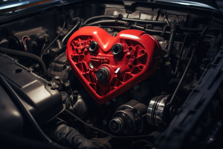 Close up shot of a red heart-shaped engine in a carの素材