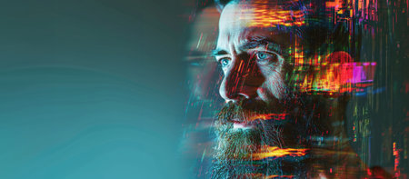 Portrait of male programmer with beard and mustache with glitch art effect. Concept of it and cybernetics. Banner.の素材