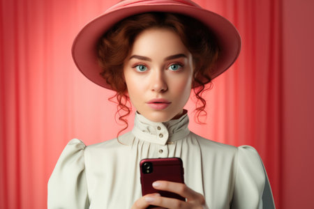 Beautiful young woman in a Victorian coat and hat uses a smart phone against a red curtained backdrop.の素材