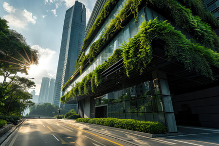 Concept of landscaping facades of multi-storey buildings. Multistory business building with green plants on balconies.の素材