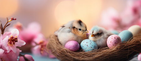 Easter eggs and little chicken in nest on bokeh backgroundの素材