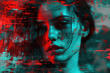 Portrait of a beautiful girl in neon red-blue light with grunge and glitch art effect.の素材